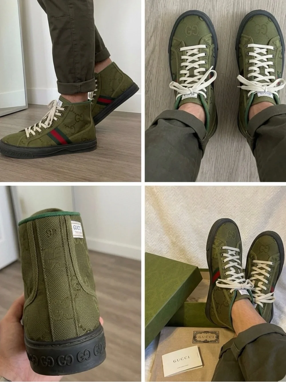 Gucci Olive Green GG High-Top Sneakers with Red-Green Stripe